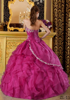 Strapless Fuchsia Organza Appliques and Ruffles Sweet 16 Dresses