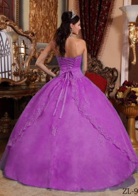 Strapless Fuchsia Organza Quinceanera Dress with Lace Appliques