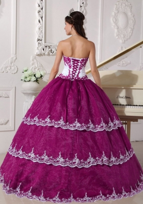 Strapless Organza Lace Appliques Quinceanera Gown in Fuchsia and White