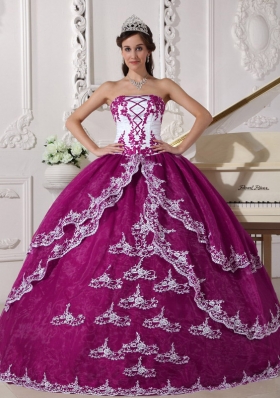 Strapless Organza Lace Appliques Quinceanera Gown in Fuchsia and White
