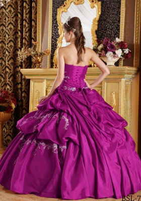 Strapless Taffeta Fuchsia Quinceanera Dress with White Appliques