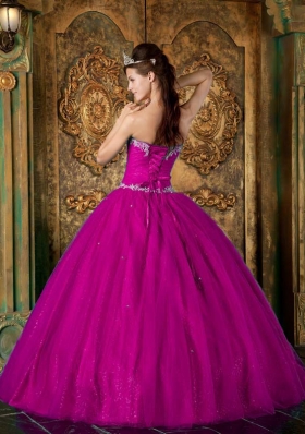 Sweetheart Fuchsia Beading and Appliques Tulle Sweet 15 Dresses