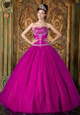 Sweetheart Fuchsia Beading and Appliques Tulle Sweet 15 Dresses