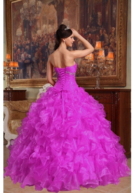 Sweetheart Fuchsia Organza Appliques and Ruffles Dresses For a Quince