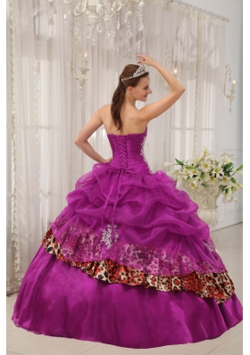 Sweetheart Organza and Leopard Fuchsia Quinceanera Dress with Appliques