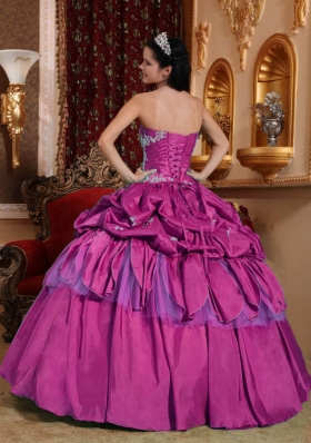 2014 New Style Strapless Fuchsia Taffeta Quinceanera Dress with Appliques