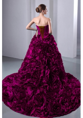 Fuchsia A-Line / Princess Sweetheart Court Train Ruffles Quinceanea Dress