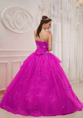 Fuchsia Strapless Organza Appliques and Beading Sweet 16 Dresses