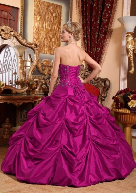 Fuchsia Strapless Taffeta Quinceanera Gown with Beading and Pick-ups