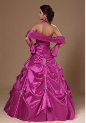 Pick-ups and Beading Halter Top A-line Fuchsia Quinceanera Dresses For Cheap