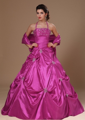 Pick-ups and Beading Halter Top A-line Fuchsia Quinceanera Dresses For Cheap