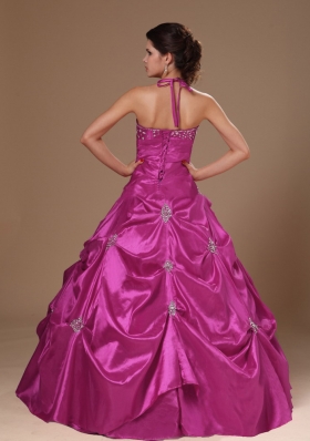 Pick-ups and Beading Halter Top A-line Fuchsia Quinceanera Dresses For Cheap