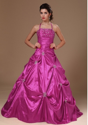 Pick-ups and Beading Halter Top A-line Fuchsia Quinceanera Dresses For Cheap