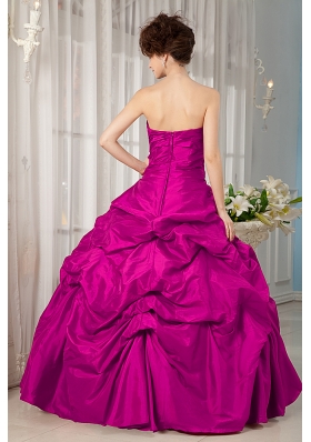 Strapless Fuchsia Taffeta Appliques and Pick-ups Quinceanera Dress