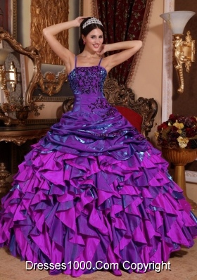 2014 New Trend Spaghetti Straps Quinceanera Dress with Black Appliques