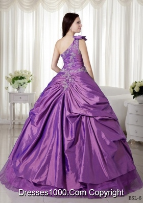 Ball Gown One Shoulder Appliques Quinceanera Dress with Pick-up and Appliques