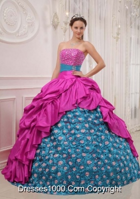 Fuchsia and Blue Strapless Beaded Decorate Bust Sweet 16 Dresses