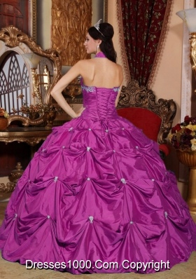 Fuchsia Halter Top Taffeta Appliques and Pick-ups Quinceanera Gowns