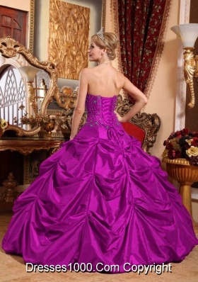 Fuchsia Strapless Taffeta Quinceanera Dress with Beading and Pick-ups