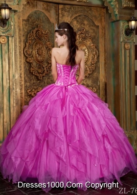 Gorgeous Ball Gown Strapless Floor-length Appliques Organza Hot Pink Quinceanera Dress