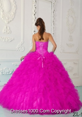 Hot Pink Ball Gown Sweetheart Floor-length Satin and Organza Beading Quinceanera Dress