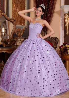 Lilac Puffy Sweetheart Tulle Quinceanera Gowns with Sequins