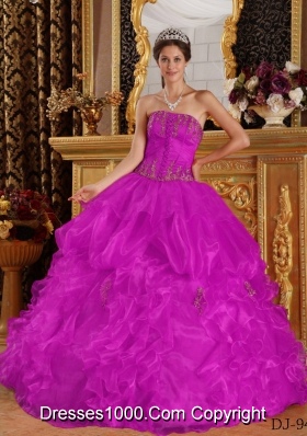 Strapless Appliques and Pick-ups Organza Quinceanera Dress in Fuchsia