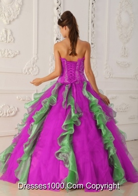 Strapless Fuchsia and Green Quinceanera Gowns with Appliques and Beading