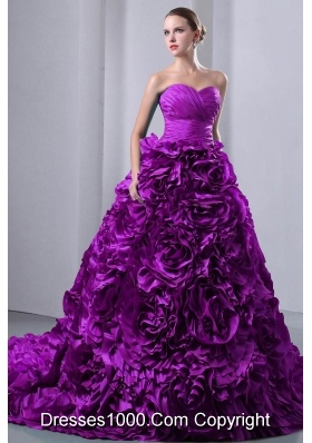 A-Line / Princess Sweetheart Court Train Quinceanea Dress with Rolling Flowers