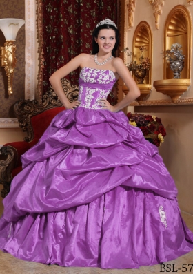 Discount Lavender Strapless Taffeta Quinceanera Gowns with Appliques