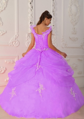 Elegant V-neck Organza Appliques with Beading for Lilac Quinceanera Gowns