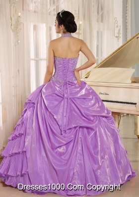 Halter Top Pleat Full Length Dresses For a Quince with Beaded Bodice