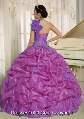 One Shoulder Quinceaners Dress with Appliques and Hand Made Flowres