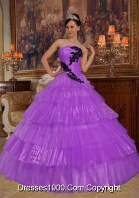 Purple Ball Gown Strapless Appliques Quinceneara Dresses with Ruffled Layers