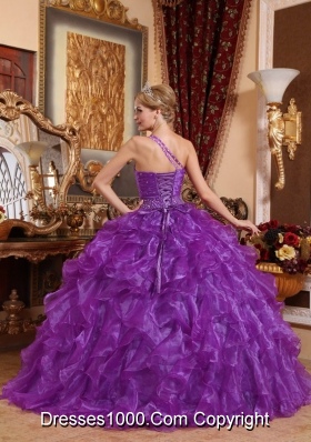 Purple One Shoulder Organza Quinceanera Gowns with Beading and Ruffles