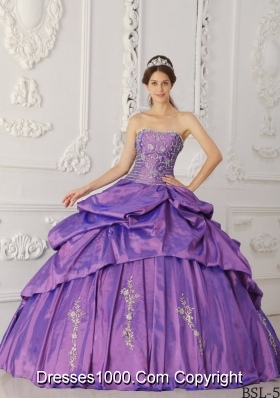 Purple Strapless Embroidery and Beading Pick-ups Quinceanera Dress