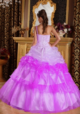 Romantic One Shoulder Appliques with Beading Pick-ups Dress For Quinceaneras