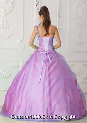 Rose Pink Ball Gown One Shoulder Floor-length Organza Beading and Hand Flower Quinceanera Dress