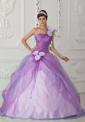 Rose Pink Ball Gown One Shoulder Floor-length Organza Beading and Hand Flower Quinceanera Dress