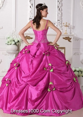 Spaghetti Straps Taffeta Quinceanera Gown with Beading and Hand Made Flowers