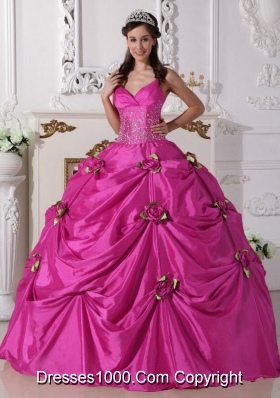 Spaghetti Straps Taffeta Quinceanera Gown with Beading and Hand Made Flowers