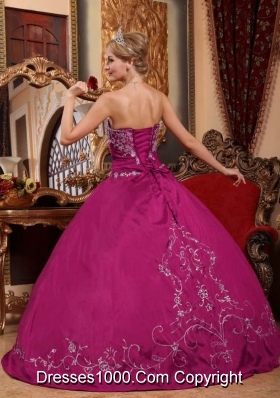 Strapless Fuchsia Satin Quinceanera Dress with White Embroidery