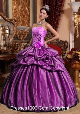 Strapless Taffeta Hand Made Flower Quinceanera Gowns with Pikc-ups