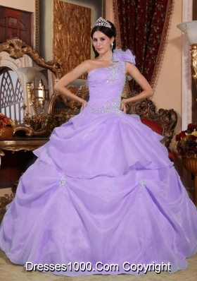 Ball Gown One Shoulder Organza Appliques for Lilac Quinceanera Dress