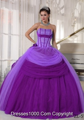Ball Gown Strapless Hand Made Flowers Quinceanera Dress with Tulle Beading