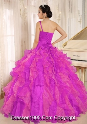 Fuchsia One Shoulder Beaded Decorate and Ruffles Quinceanera Dress for 2014