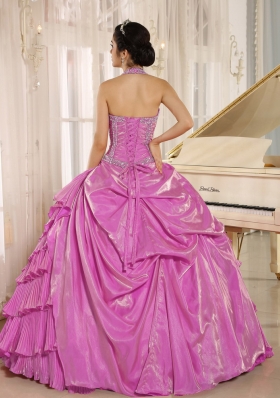 Halter Pleat Lilac Quinceneara Dresses with Beading and Layers