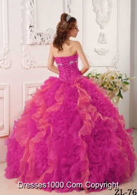 Hot Pink Ball Gown Sweetheart Floor-length Organza Appliques and Beading Quinceanera Dress