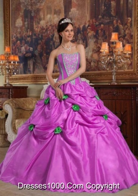 Lavender Ball Gown Strapless Beading and Hand Made Flowers Quinceanera Dress