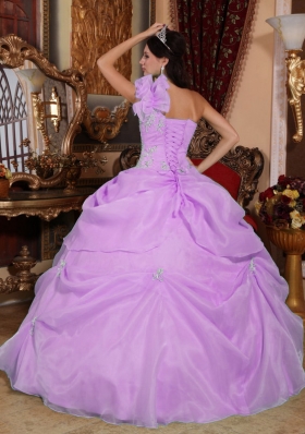 One Shoulder Organza Appliques for Lilac Quinceanera Gowns with Pick-ups